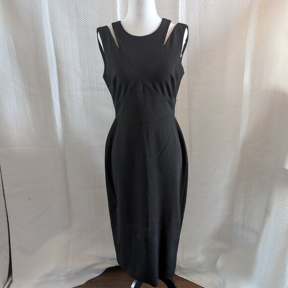 Calvin Klein Black Sheath Dress Cutout Shoulders Size 6 Gold Back Zipper LBD - Picture 1 of 12